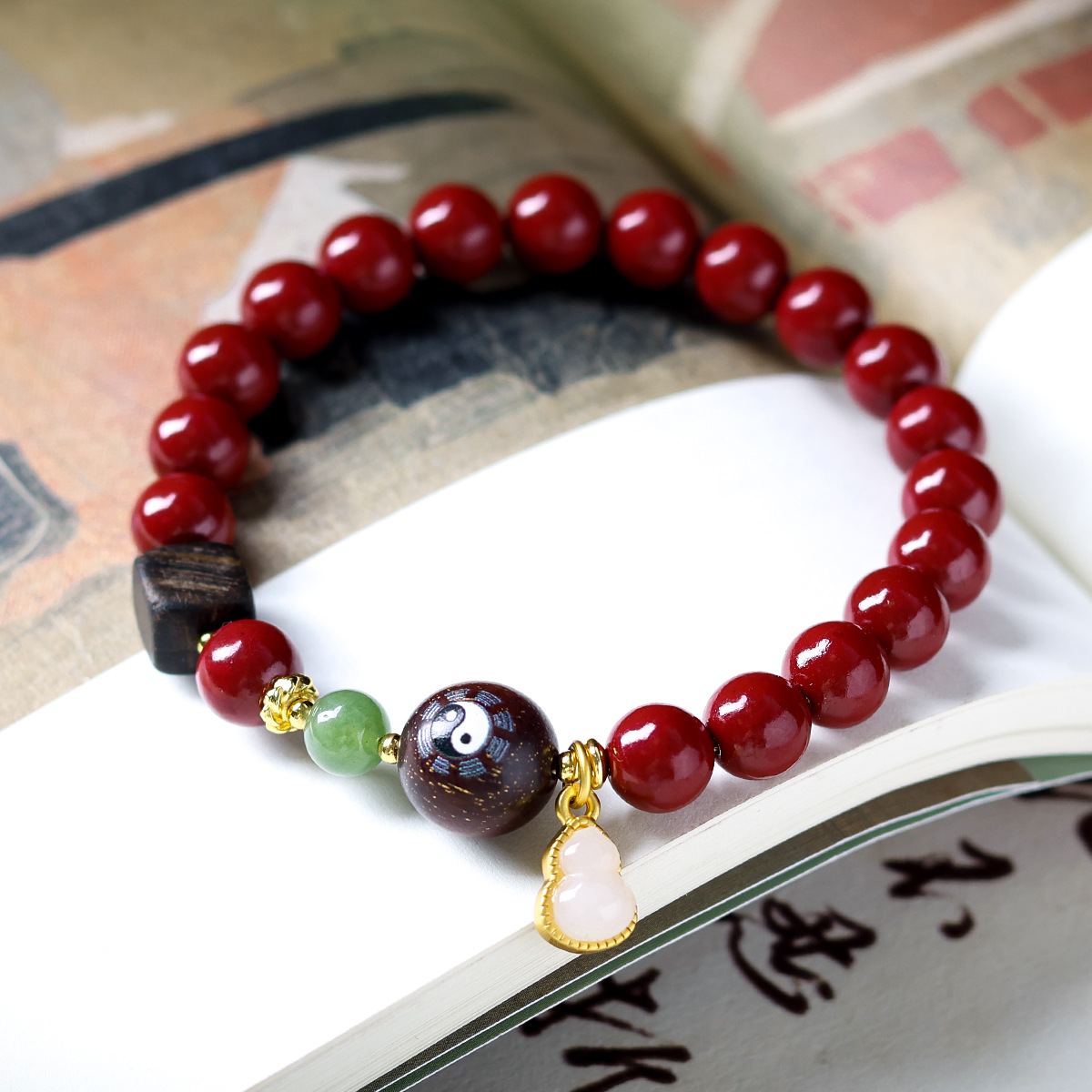 Taoist Bagua Cinnabar Bracelet, Evil Warding and Protection, Wealth Attraction and Luck Enhancement, Natural Cinnabar.