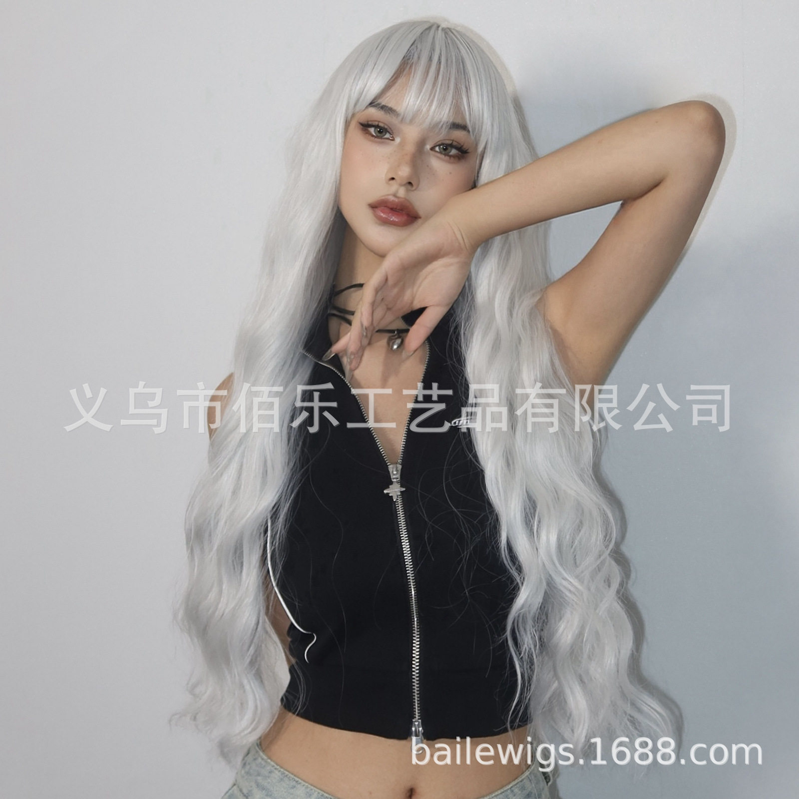 欧美假发全头套灰白色齐刘海大波浪长卷发cos化纤女头套wigs