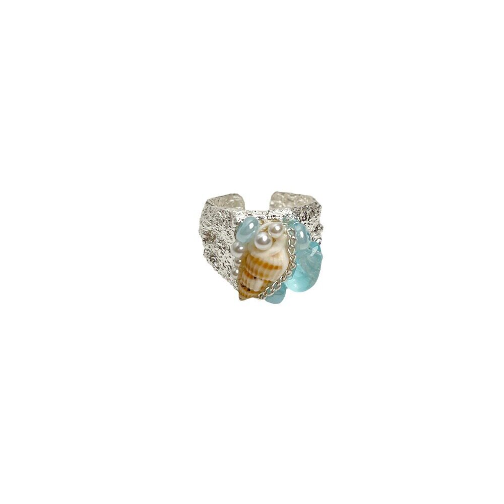 Aquamarine Shell Ring - Natural Ocean Crystal Bead Ring