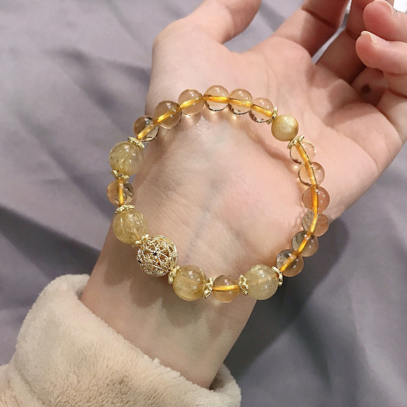 Natural Blonde Rutilated Quartz Citrine Bracelet, Wealth Attracting and Luck Changing Energy Crystal Bracelet, Unisex Design.
