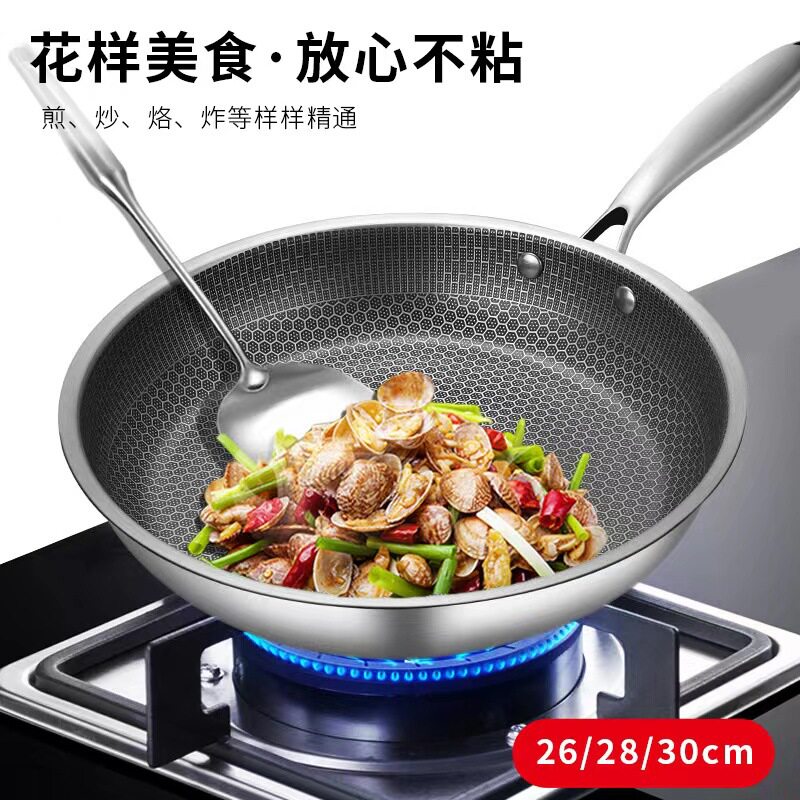 跨境专供不锈钢蜂窝煎锅不粘锅全面屏煎蛋锅煎牛排锅具平底锅煎盘