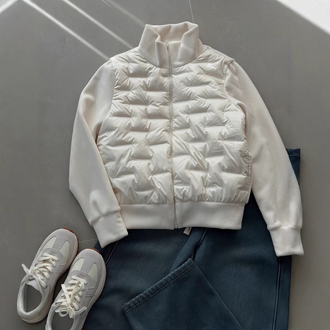 现货90%白鸭绒休闲绗格拼接摇粒绒立领双头拉链轻薄羽绒服女冬733