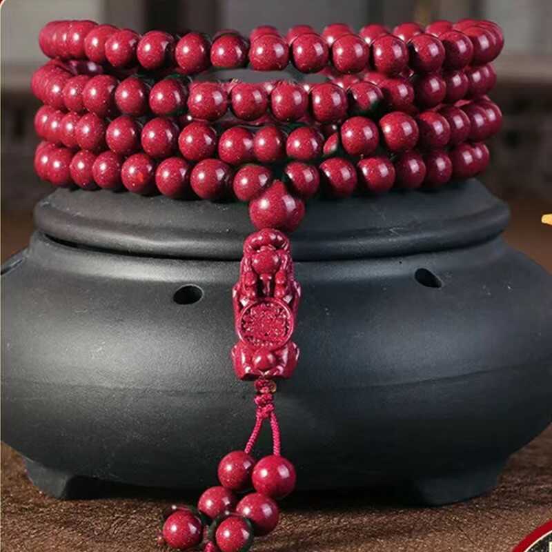 Natural Cinnabar 108 Bead Bracelet, Five Elements Energy Bracelet for Warding Off Evil, Changing Luck, and Health Protection.