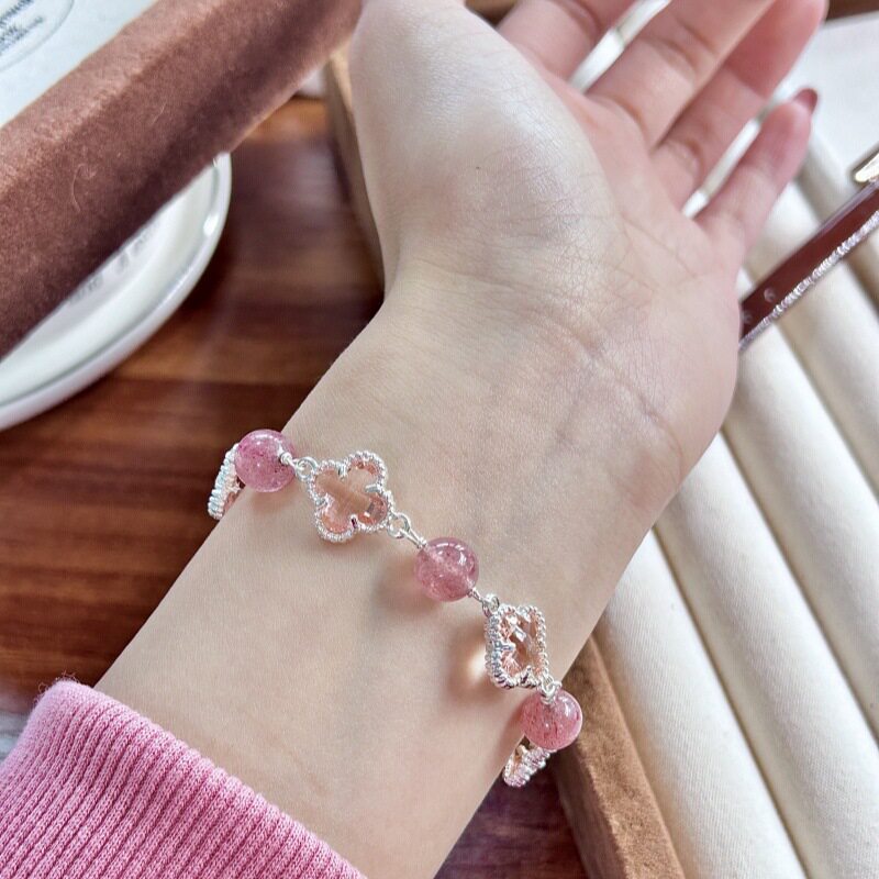 Lucky Bloom Bracelet — Strawberry Quartz Four-Leaf Clover
