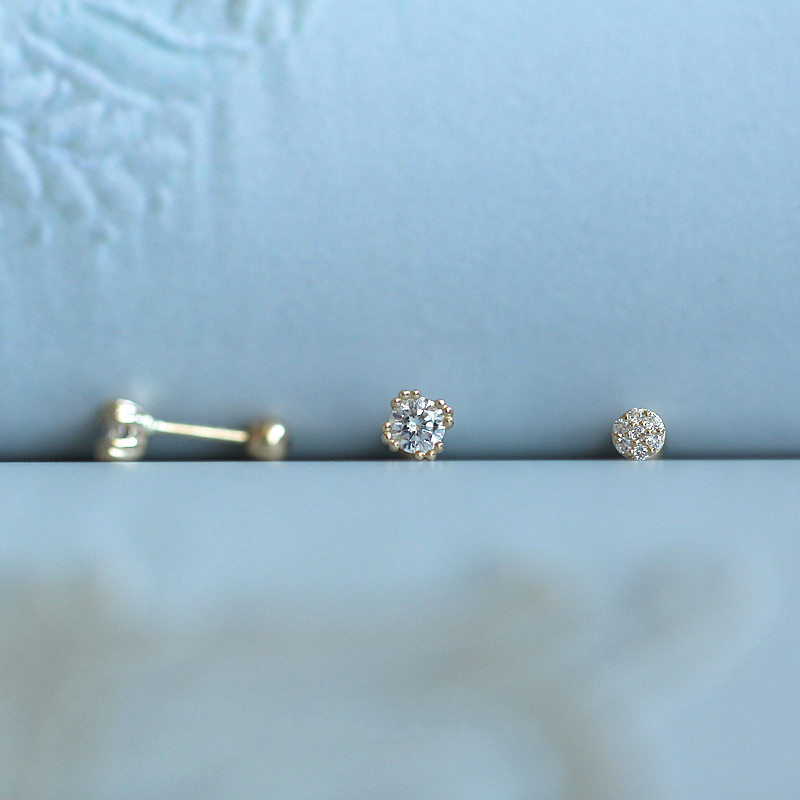 9K gold round full drill screw ear studs and ear bone studs