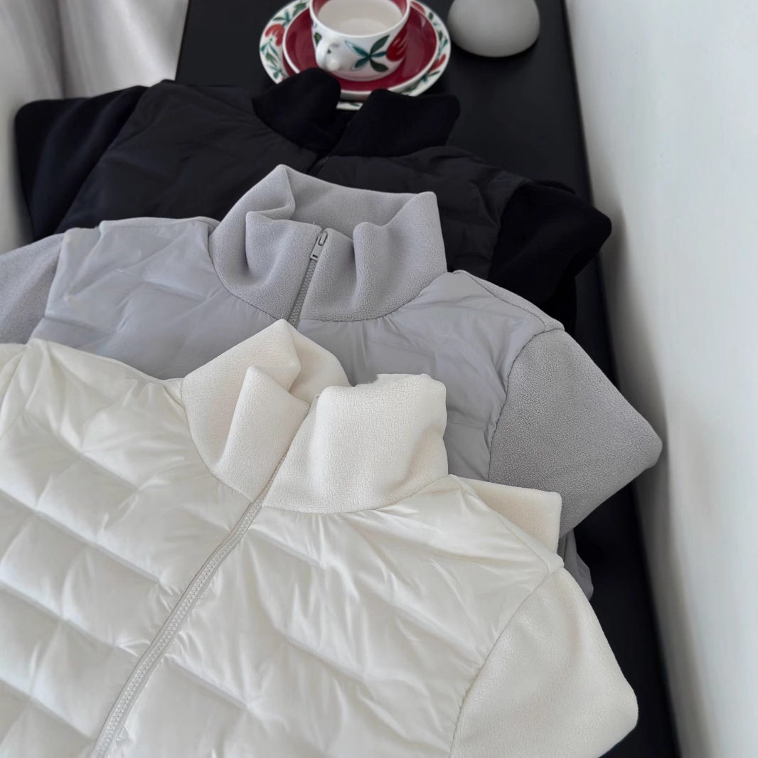 现货90%白鸭绒休闲绗格拼接摇粒绒立领双头拉链轻薄羽绒服女冬733