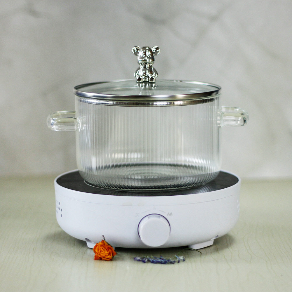 小熊条纹锅玻璃锅汤锅加厚双耳透明玻璃奶锅泡面碗高颜值火锅不粘