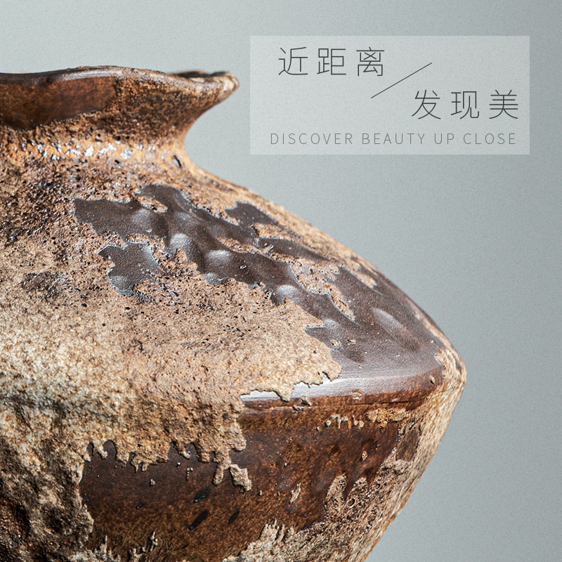 景德镇复古怀旧陶瓷花瓶侘寂风禅意摆件插花民宿酒店手工大粗陶罐