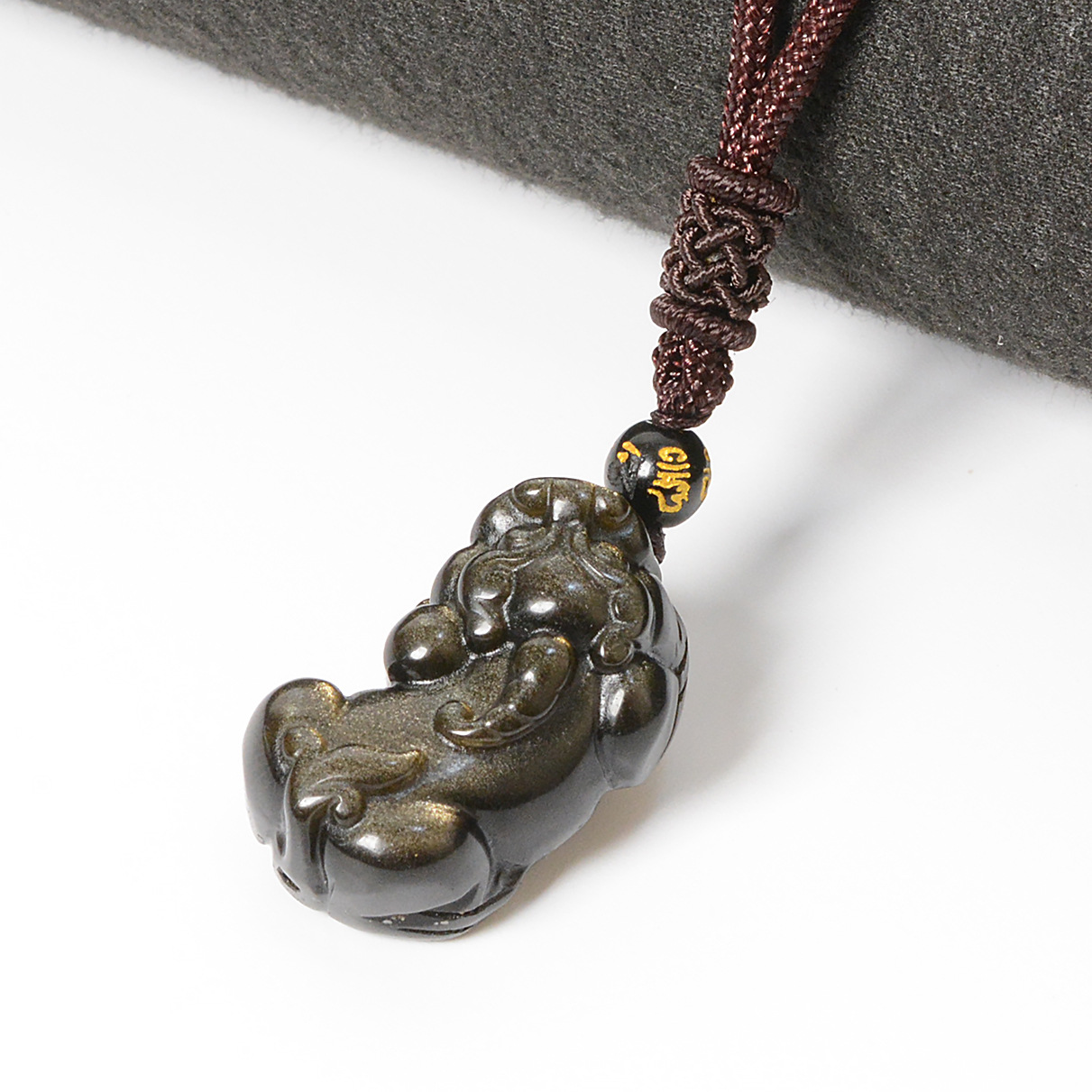 Natural Obsidian Golden Pi Xiu Necklace, Wealth Attraction and Evil Warding Talisman.