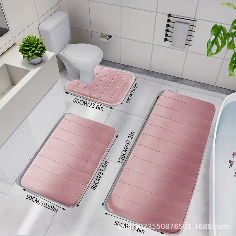 跨境爆款TEMU绗缝浴室三件套卫生间吸水防滑地垫珊瑚绒脚垫地毯