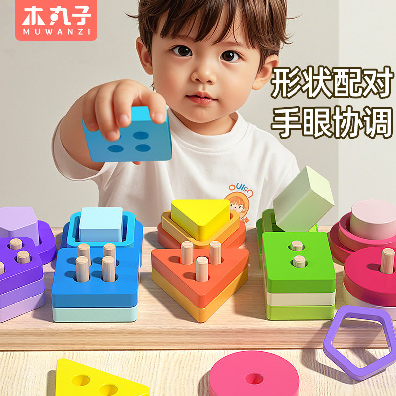 多功能木制几何形状十套柱智慧柱儿童蒙氏早教益智认知配对积木
