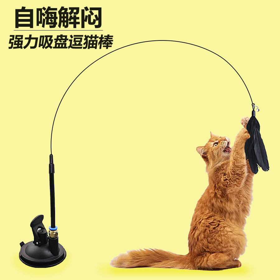 强力吸盘逗猫棒钢丝长杆羽毛猫玩具自嗨解闷耐咬逗猫神器宠物玩具