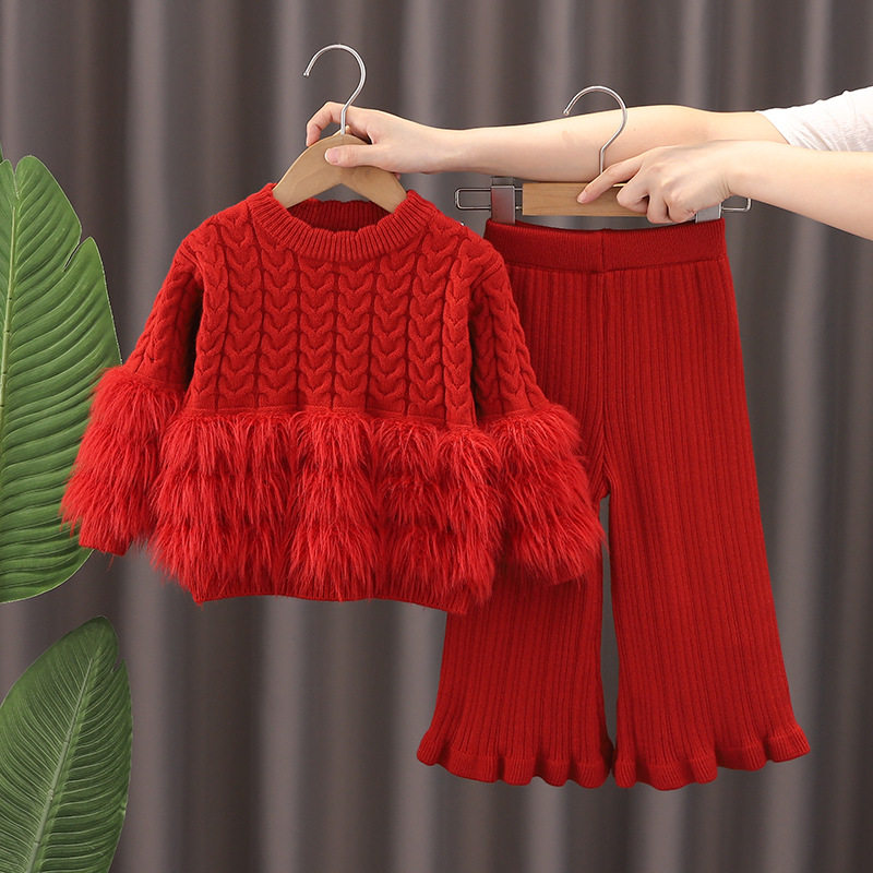跨境女童毛衣套装秋冬2024新款毛毛衣小女孩喇叭裤针织套头两件套