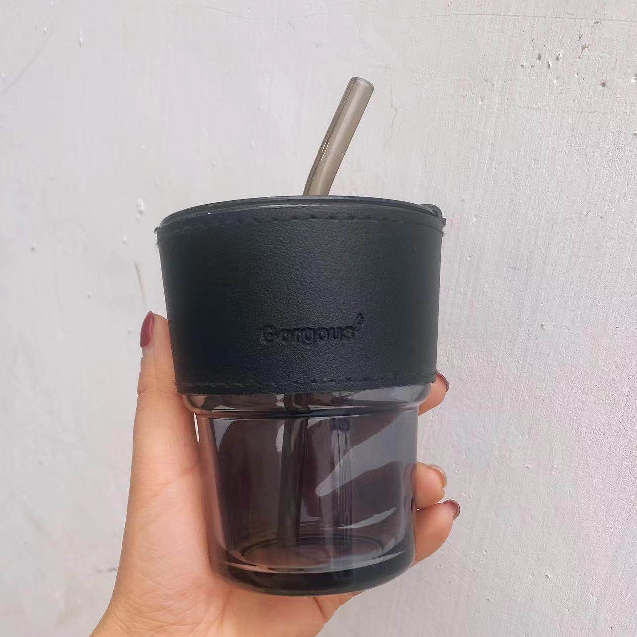 竹节咖啡杯茶色带盖玻璃带吸管杯子随手奶茶双饮水杯便携便携款