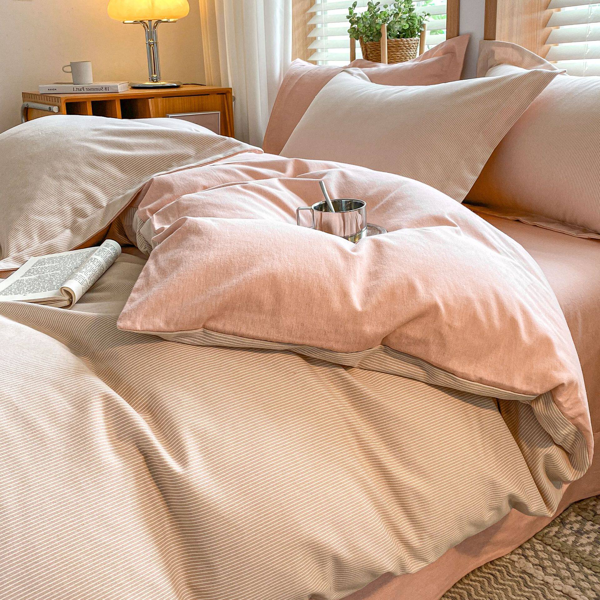 舒尊客||秋冬裸睡全棉磨毛四件套条纹纯棉床上用品床单被套加厚