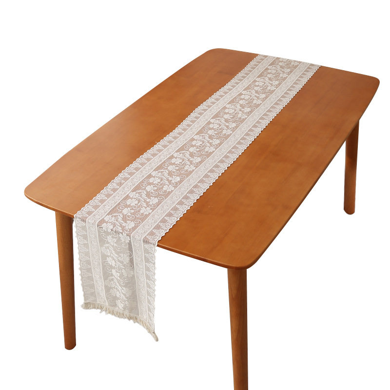 北欧蕾丝桌布桌旗高级感白色装饰餐桌新款美式茶几钩针流苏圣诞节