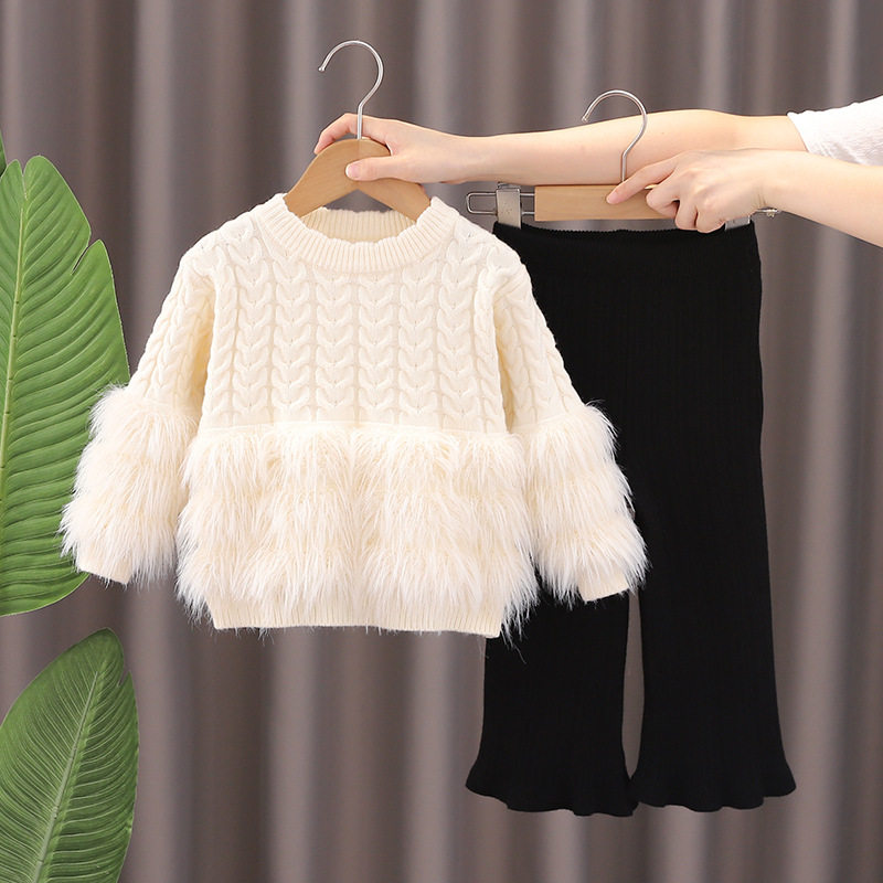 跨境女童毛衣套装秋冬2024新款毛毛衣小女孩喇叭裤针织套头两件套