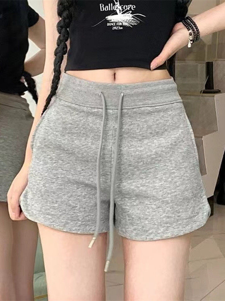美式辣妹灰色运动短裤女2024年夏季百搭高腰显瘦绑带小个子休闲裤