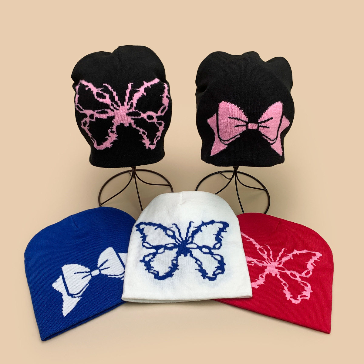 韩版蝴蝶结蝴蝶提花针织帽女士保暖休闲复古拼色冷帽套头帽子批发