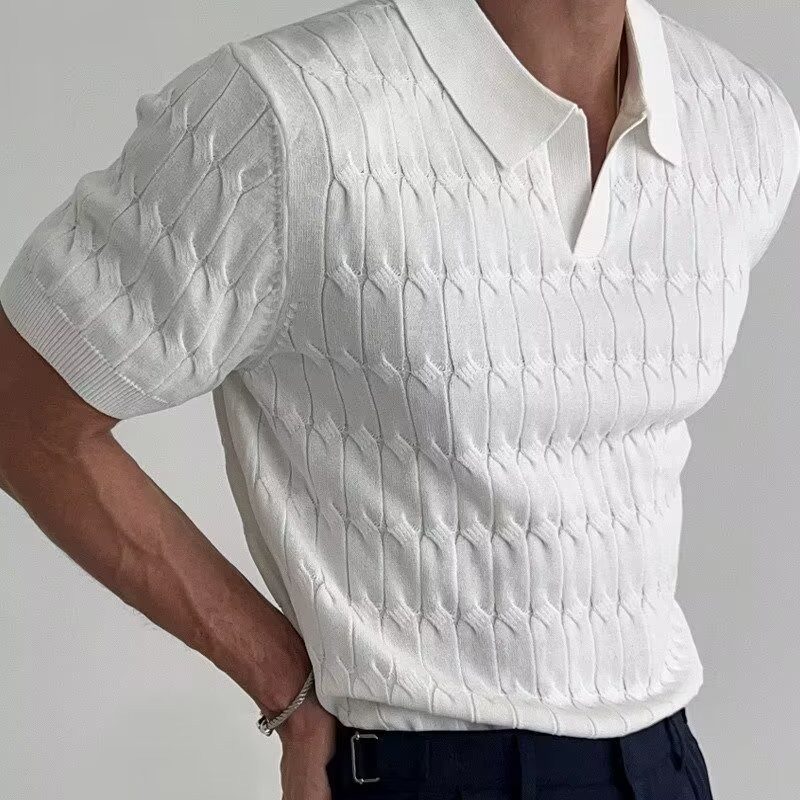 夏季短袖T恤性感V领针织男士Polo衫弹力修身翻领潮流商务针织短袖