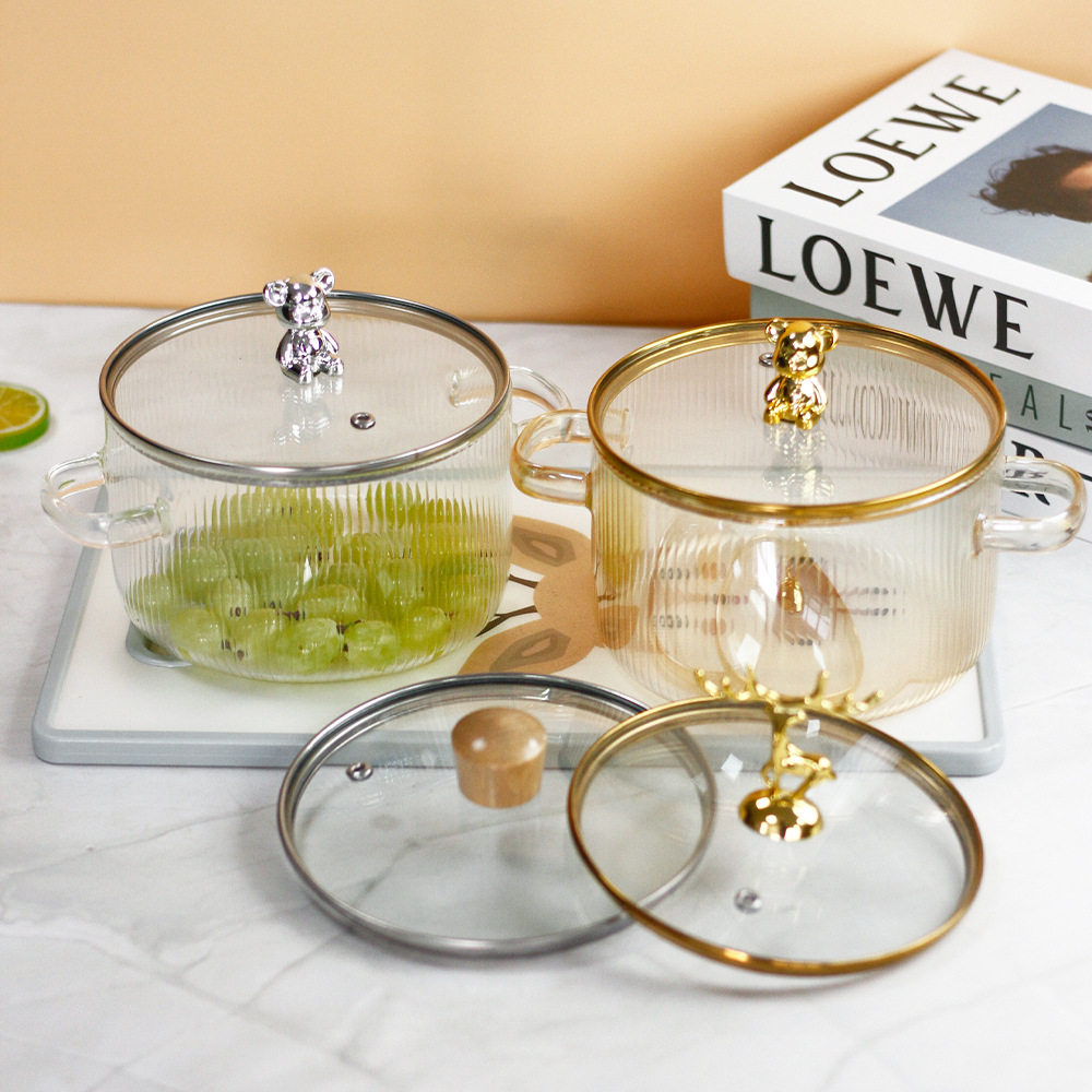 小熊条纹锅玻璃锅汤锅加厚双耳透明玻璃奶锅泡面碗高颜值火锅不粘