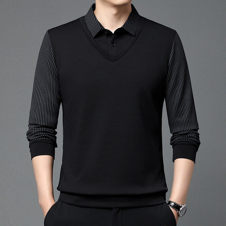 男士Polo衫长袖春秋时尚休闲男装假两件条纹翻领t恤打底上衣批发