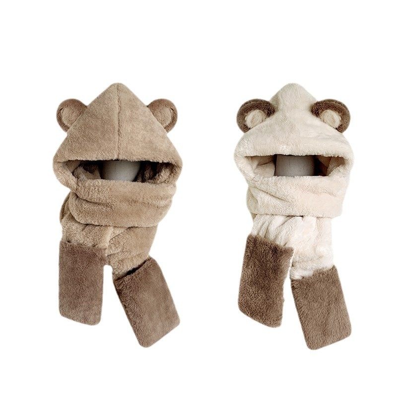 兔绒帽子女2024新款冬可爱小熊骑行保暖围巾一体帽百搭加绒围脖