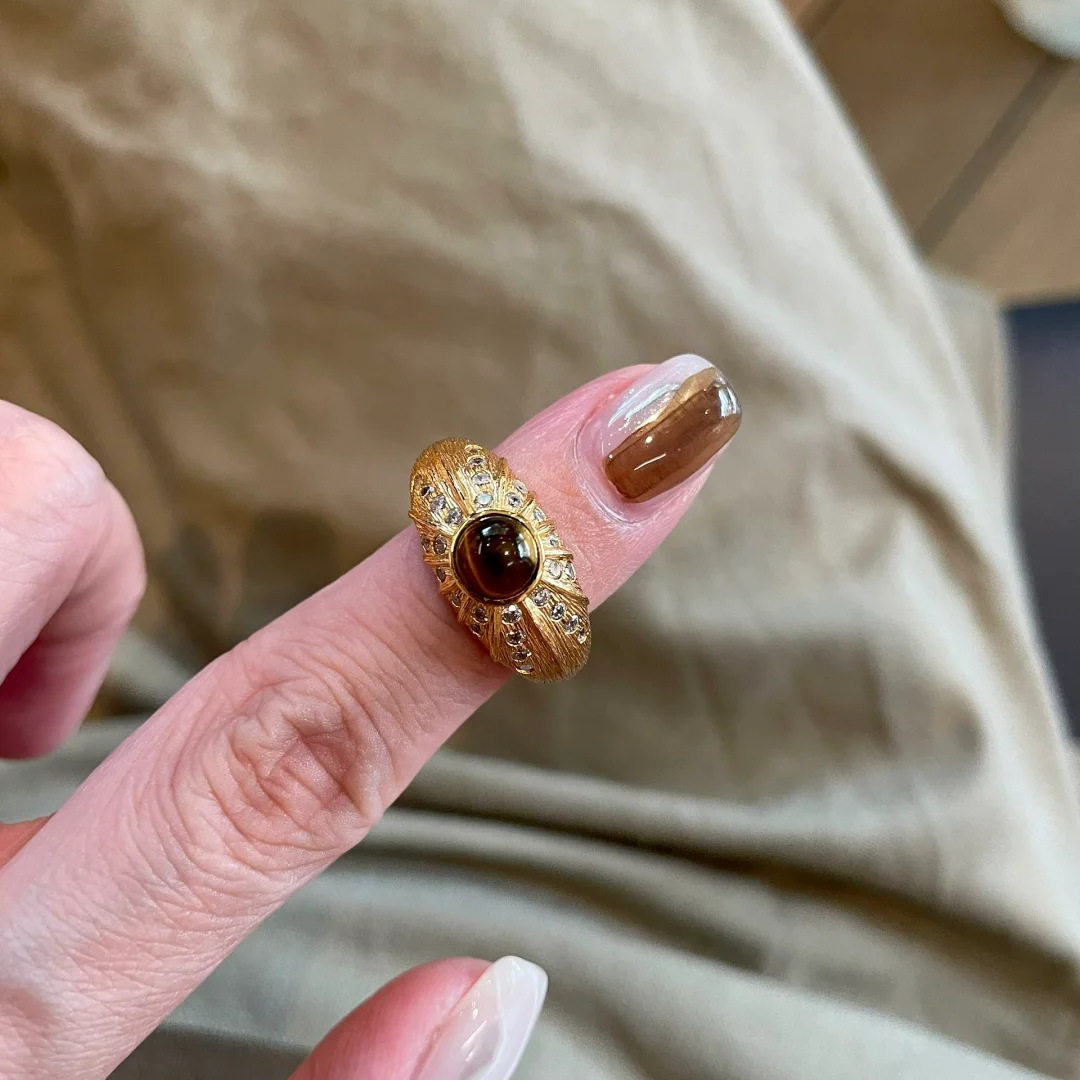 Vintage Tiger Eye Crystal Ring - Wide Band Statement Ring for Women