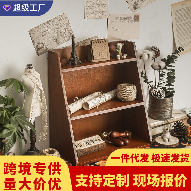 桌面收纳挂墙式木质盒子柜木制办公桌多层复古化妆品置物架zakka