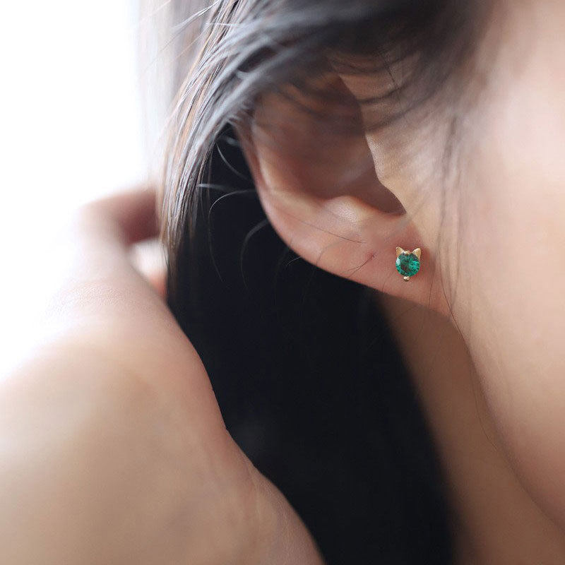 9K gold green diamond cat head screw ear stud ear bone stud