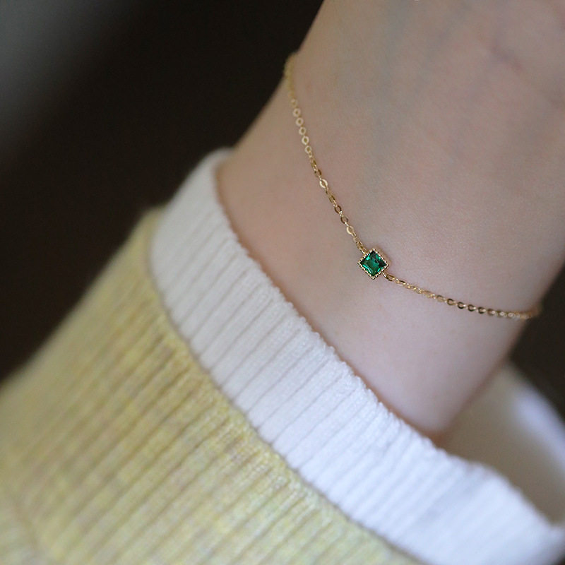 14K gold emerald square CZ diamond bracelet