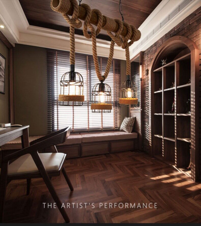 北欧美式乡村复古创意餐厅旧酒吧台咖啡厅竹子三头鸟笼麻绳吊灯