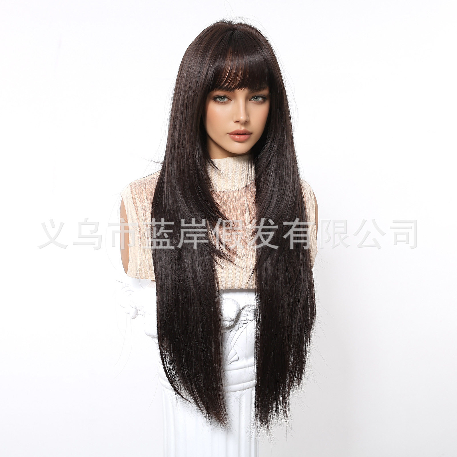 跨境新款假发女 纯欲风空气刘海30inch黑棕色层次感长直发 全头套
