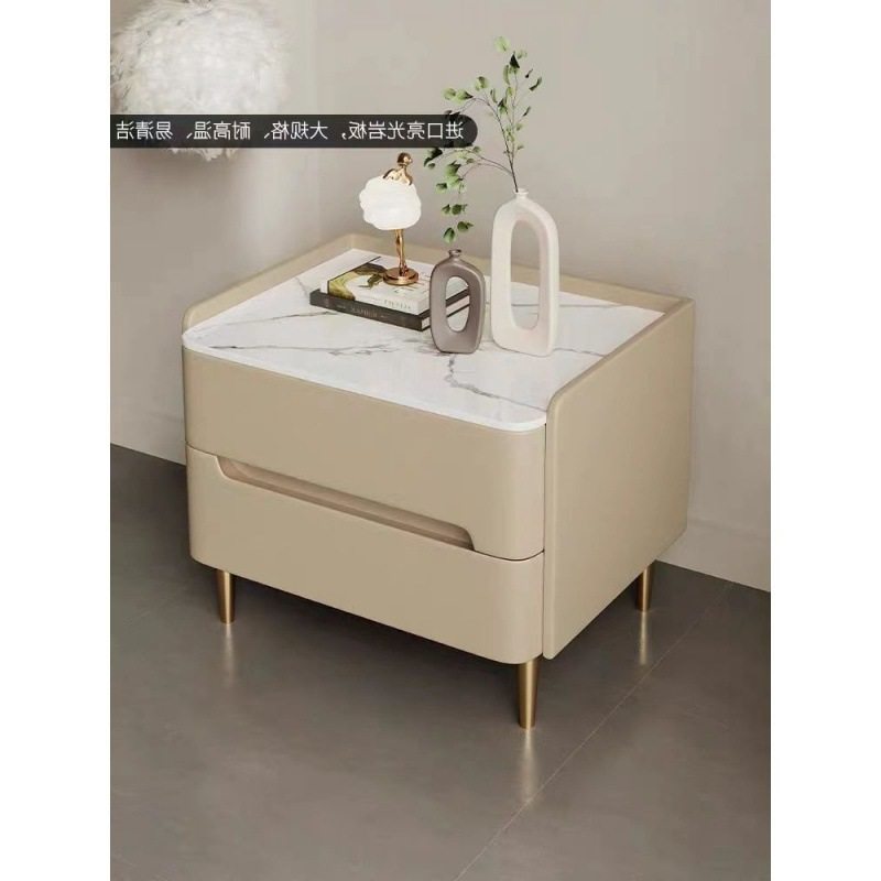 意式轻奢岩板实木床边柜皮质简约现代卧室家用床头柜小型整装