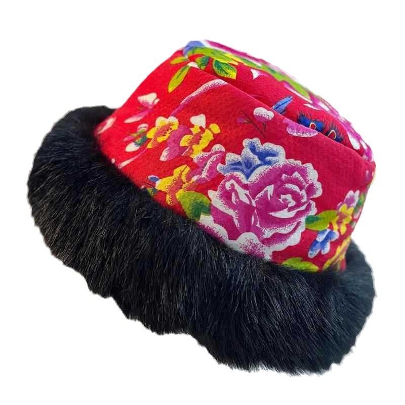 东北大花帽子2024新款民族风加厚毛绒渔夫帽防寒保暖蒙古帽秋冬季