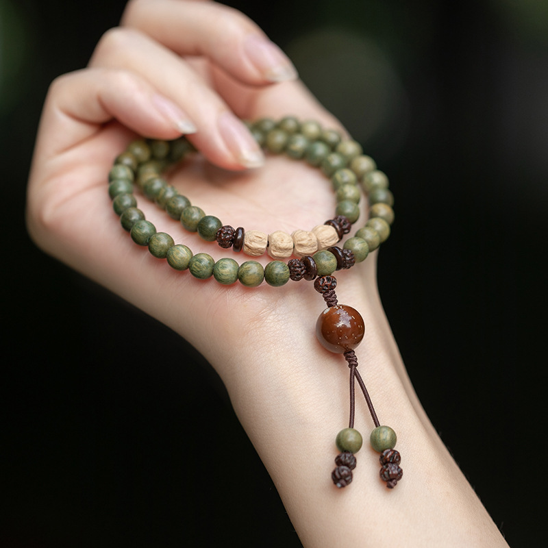 Taoist Green Sandalwood Bracelet | Natural Blessed Evil Ward Bracelet for Men and Women, Buddhist Mala Beads