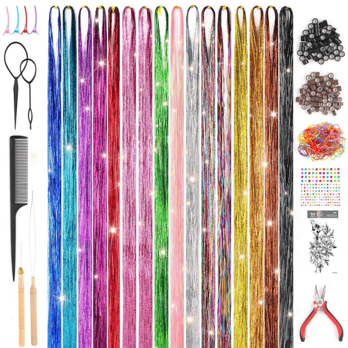 工厂现货闪亮七彩假发丝金银丝接发片hair tinsel镭射丝套装接发