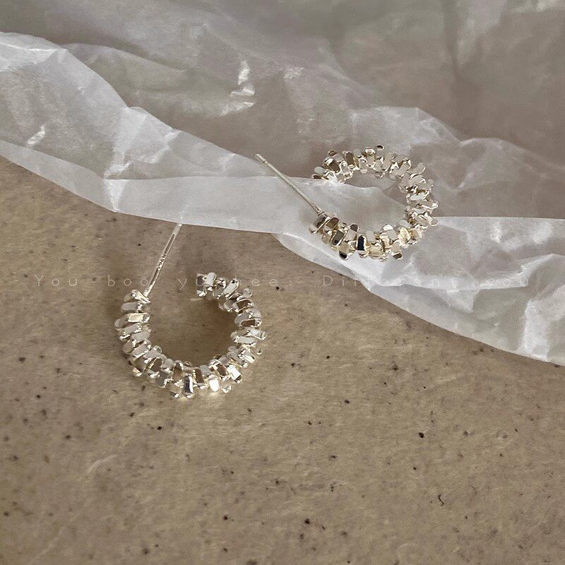 S925银色碎银子c型耳环女百搭小众设计感耳钉简约冷淡风气质耳饰