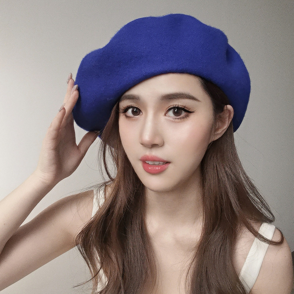 秋冬新款时尚休闲加大码直径32cm羊毛呢贝雷帽画家帽保暖云朵帽子