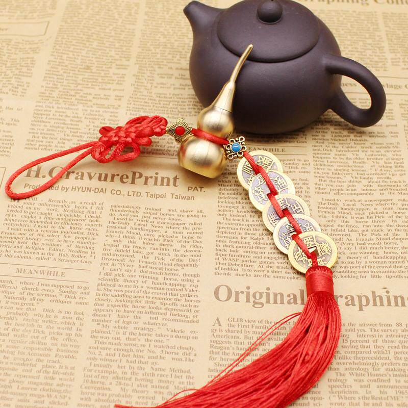 黄铜葫芦真铜五帝钱开口车载吊坠中国结红色装饰品车挂件门对门