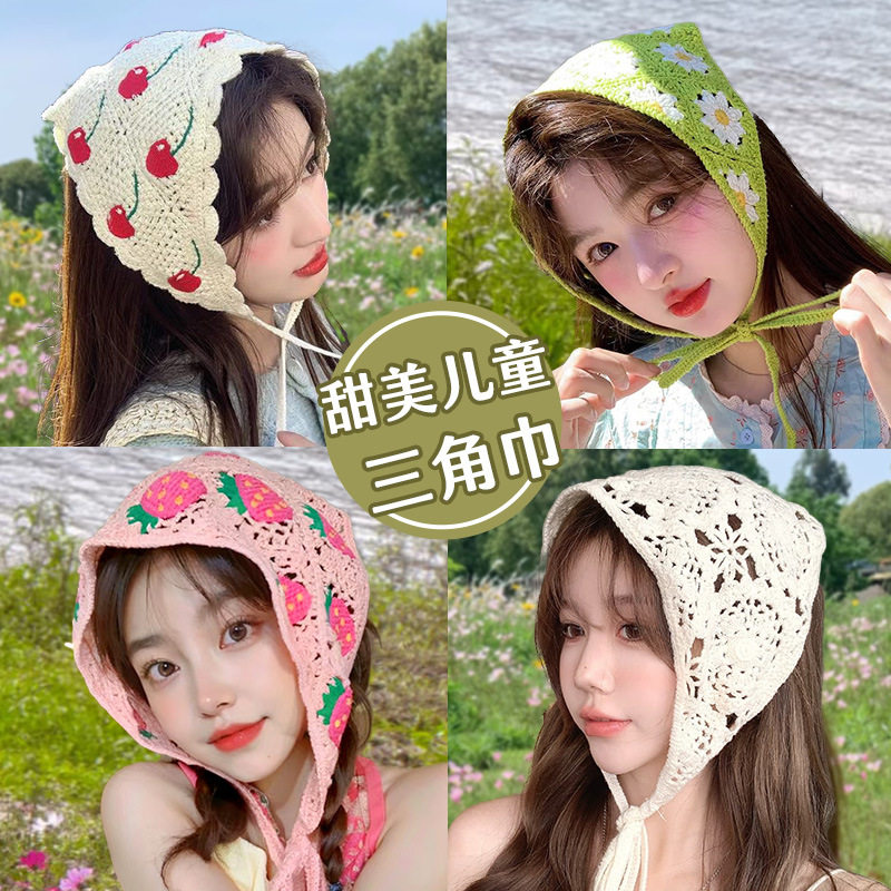 田园风头巾多巴胺针织钩花发箍辣妹法式三角巾头饰田园风头巾女