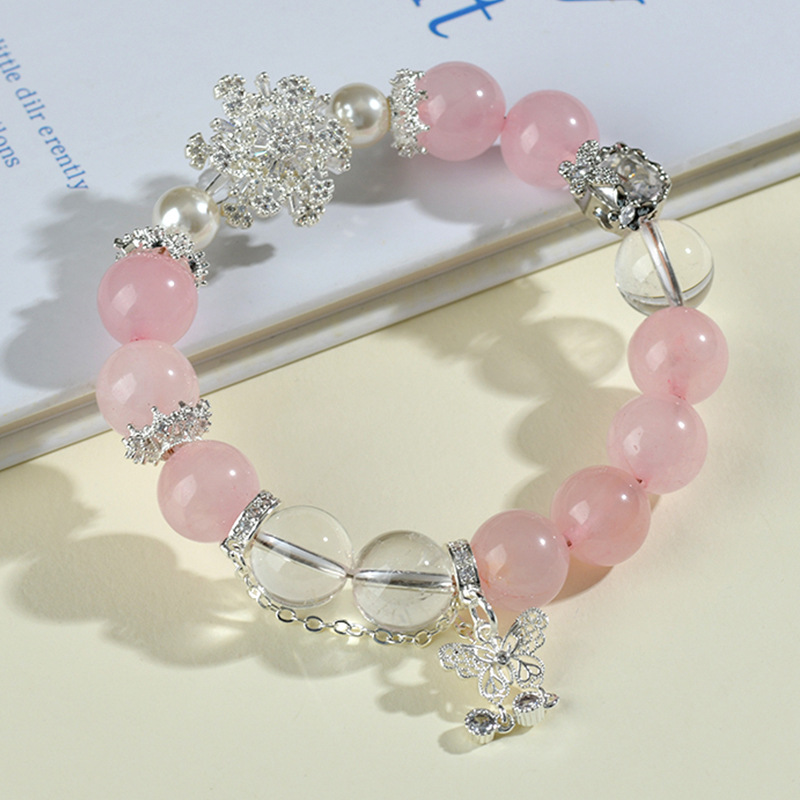 Natural Rose Quartz and Clear Crystal Snowflake Bracelet | Attract Love, Enhance Relationships, and Purify Spiritual Energy Bracelet