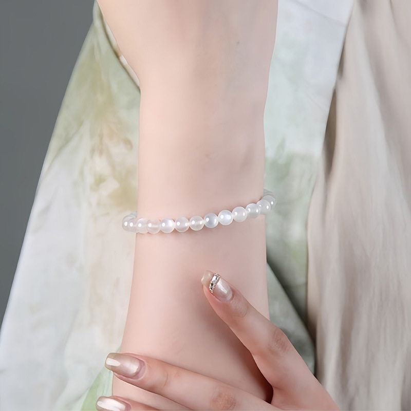 Cat's Eye Round Bead White Moonstone Bracelet
