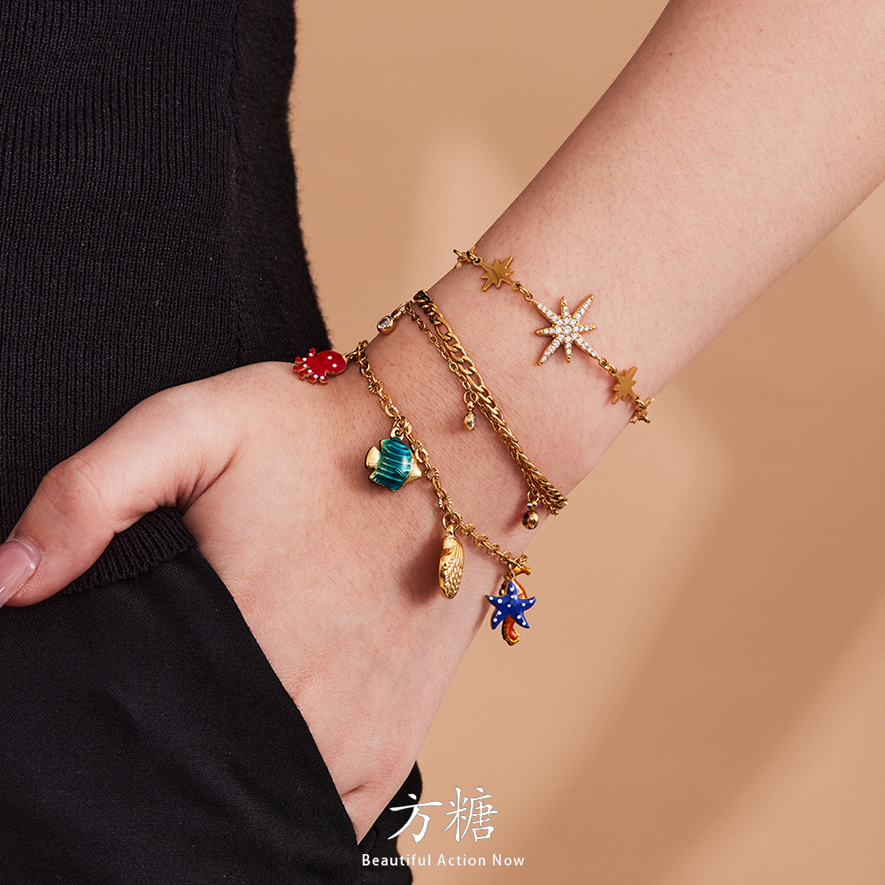 方糖气质简约镶钻六芒星滴油海星贝壳八爪鱼海洋元素吊坠手链脚链