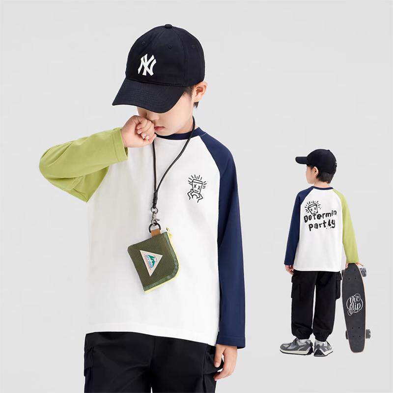 儿童纯棉T恤春秋季男童插肩长袖休闲中大童卫衣上衣100%棉