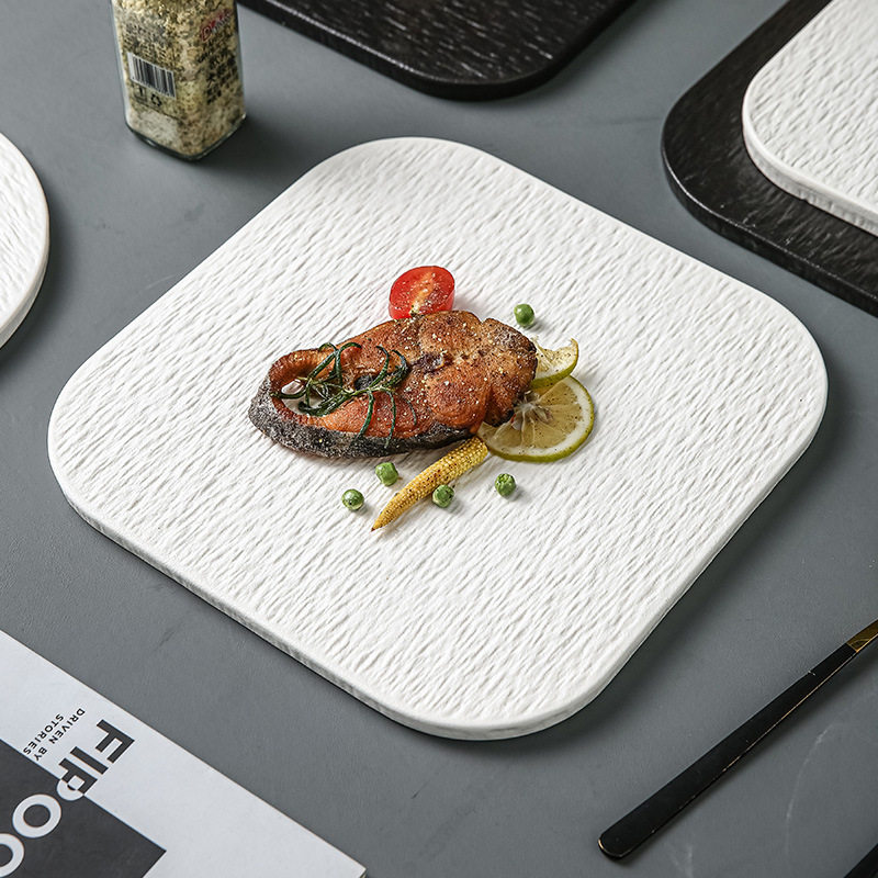 高颜值盘子石纹创意四方日式餐具菜碟家用白色陶瓷餐盘网红牛排盘