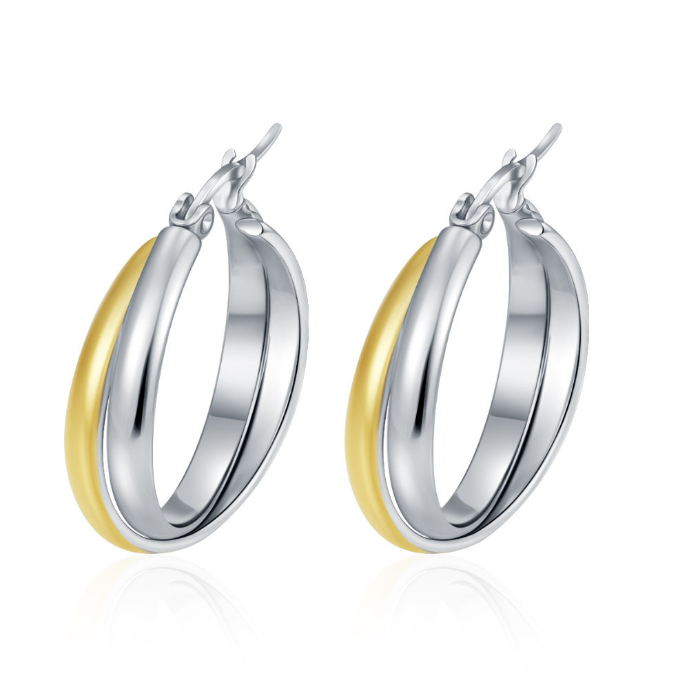 跨境欧美风球面圆形镀18K金双色女士潮流不锈钢耳环简约潮流耳饰
