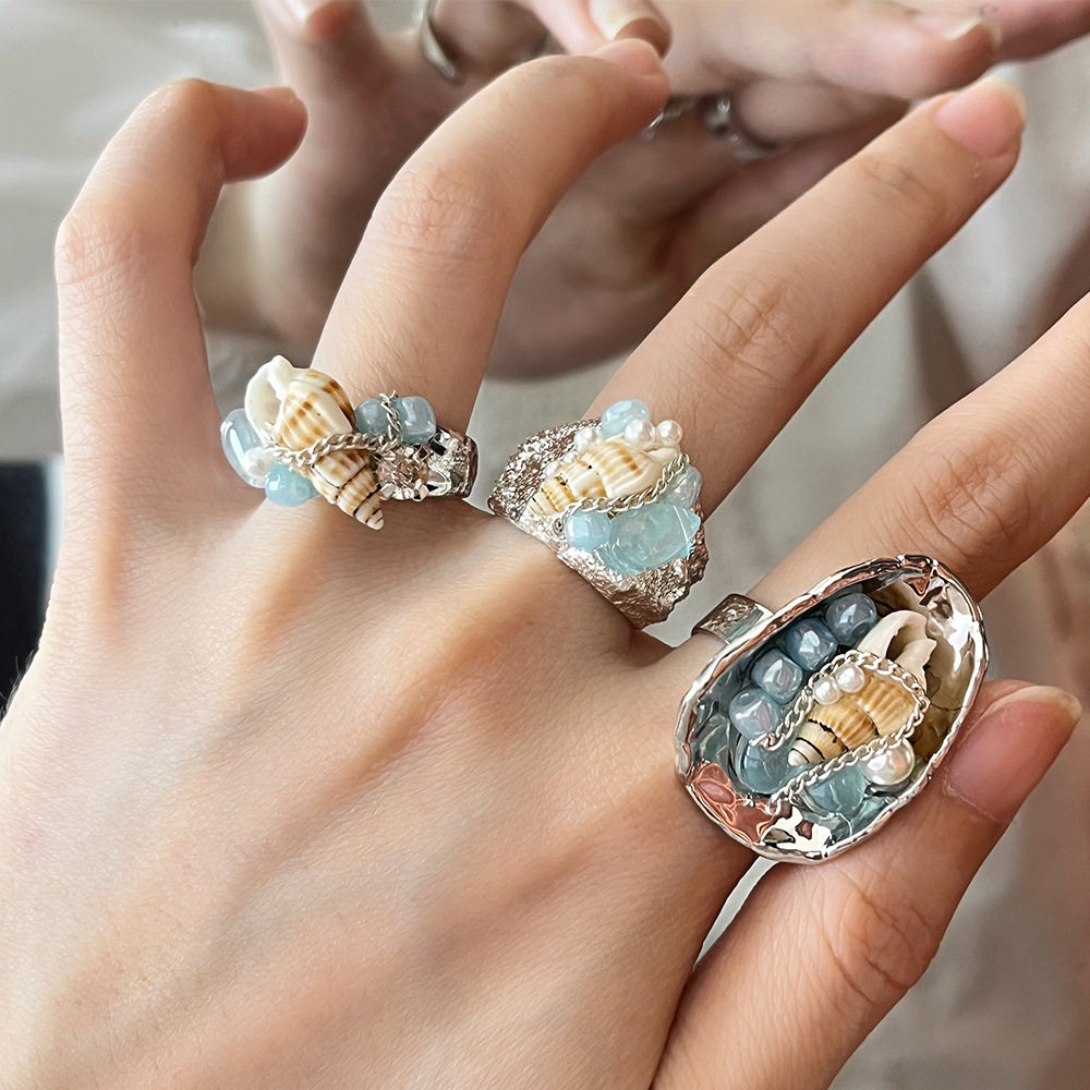 Aquamarine Shell Ring - Natural Ocean Crystal Bead Ring