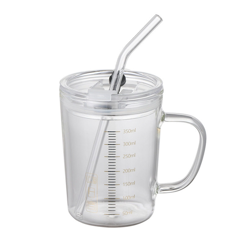 刻度牛奶杯高颜值喝水咖啡杯带盖家用微波炉吸管玻璃杯吸管杯