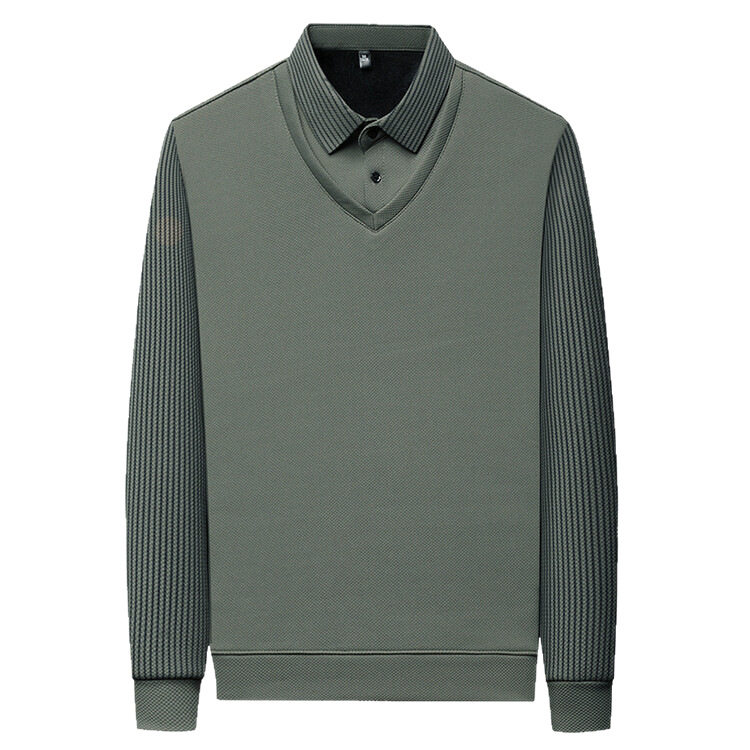 男士Polo衫长袖春秋时尚休闲男装假两件条纹翻领t恤打底上衣批发